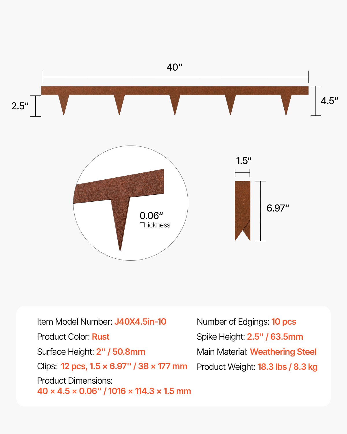 VEVOR Steel Landscape Edging, 10 Packs 40 x 4.5 in Weather-Resistant & Pre-Rust Metal Landscape Edging, Bendable Garden Edging Border, Heavy Duty Lawn Edging, Flower Bed Yard Pathway Divider