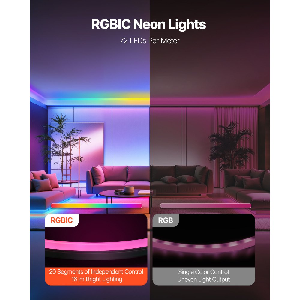 VEVOR LED Neon Rope Light, 16.4 ft, Flexible RGB-IC LED Strip Light, Control with App/Remote, Works with Alexa & Google Assistant, Music Syncing, Custom DIY Neon Flex Lights, for Bedroom Gaming Indoor