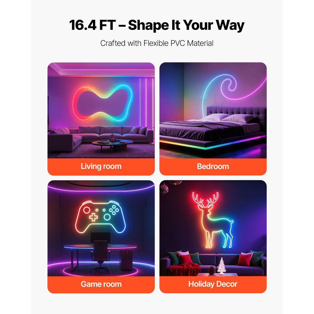 VEVOR LED Neon Rope Light, 16.4 ft, Flexible RGB-IC LED Strip Light, Control with App/Remote, Works with Alexa & Google Assistant, Music Syncing, Custom DIY Neon Flex Lights, for Bedroom Gaming Indoor
