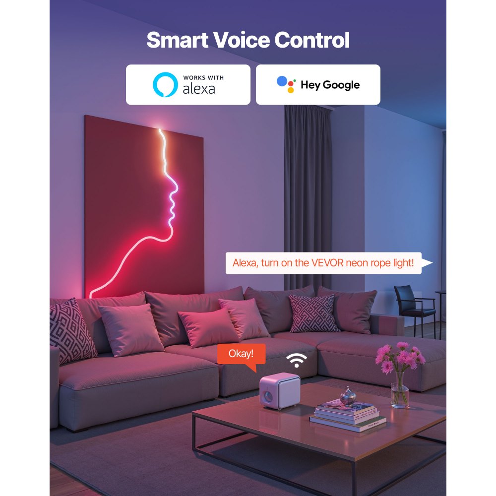 VEVOR LED Neon Rope Light, 16.4 ft, Flexible RGB-IC LED Strip Light, Control with App/Remote, Works with Alexa & Google Assistant, Music Syncing, Custom DIY Neon Flex Lights, for Bedroom Gaming Indoor