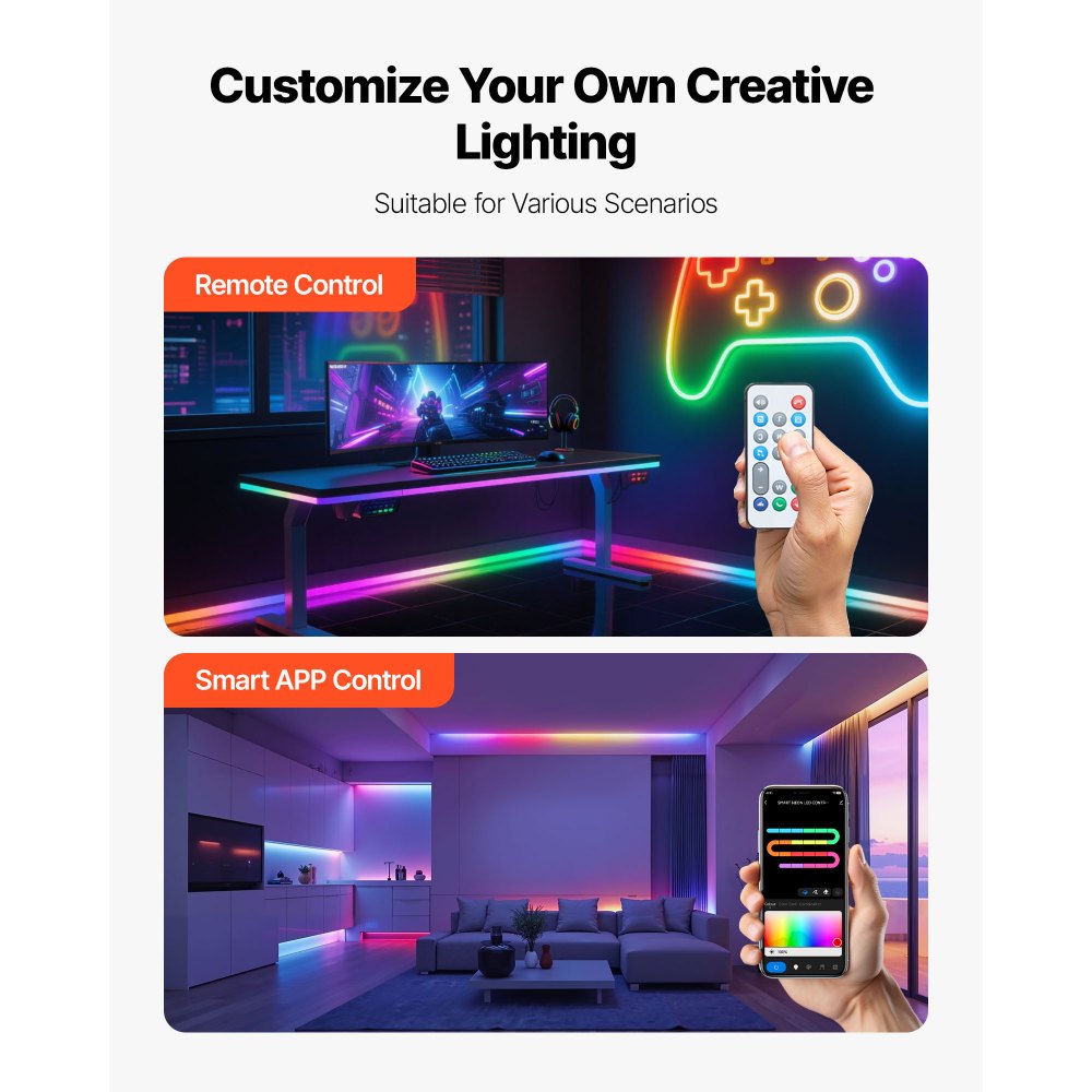 VEVOR LED Neon Rope Light, 16.4 ft, Flexible RGB-IC LED Strip Light, Control with App/Remote, Works with Alexa & Google Assistant, Music Syncing, Custom DIY Neon Flex Lights, for Bedroom Gaming Indoor