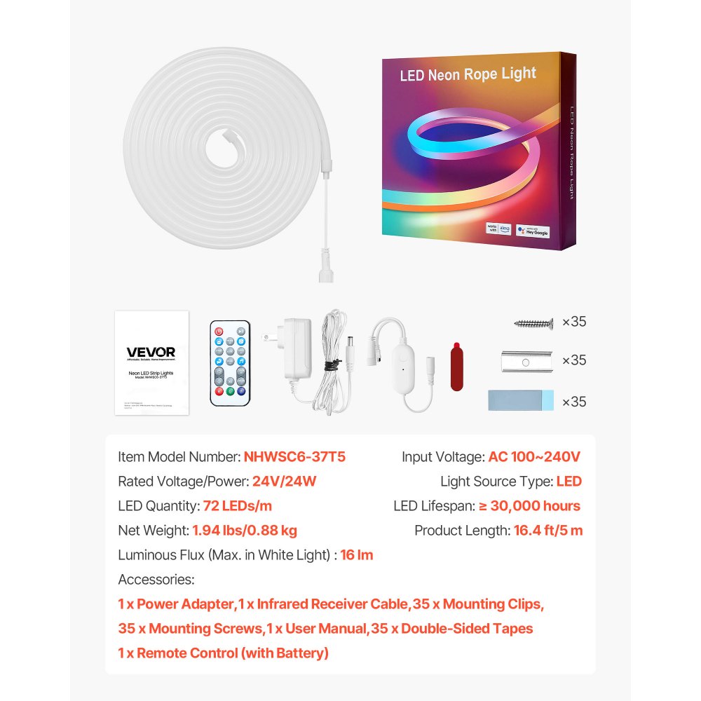 VEVOR LED Neon Rope Light, 16.4 ft, Flexible RGB-IC LED Strip Light, Control with App/Remote, Works with Alexa & Google Assistant, Music Syncing, Custom DIY Neon Flex Lights, for Bedroom Gaming Indoor
