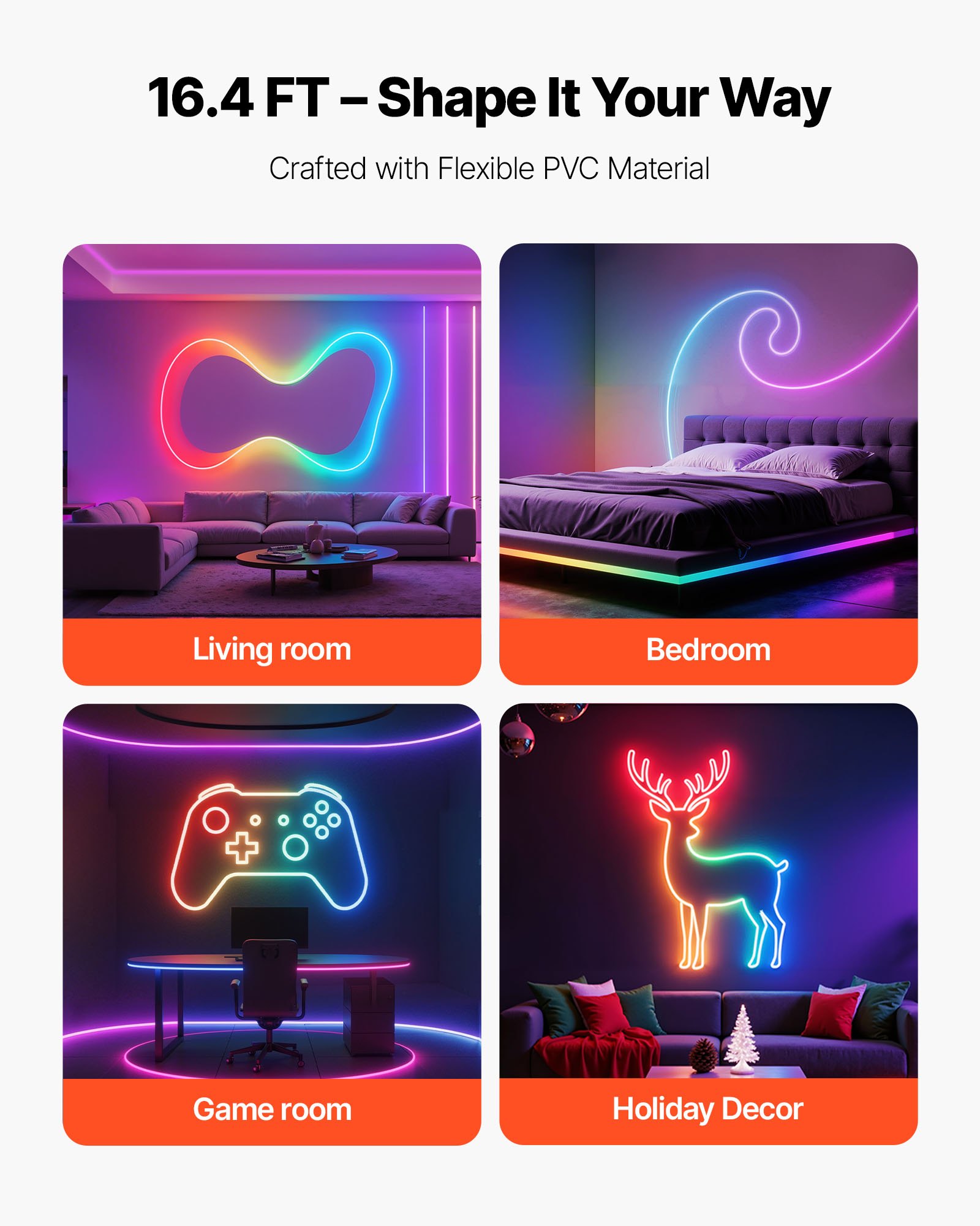 VEVOR LED Neon Rope Light, 16.4 ft, Flexible RGB-IC LED Strip Light, Control with App/Remote, Works with Alexa & Google Assistant, Music Syncing, Custom DIY Neon Flex Lights, for Bedroom Gaming Indoor