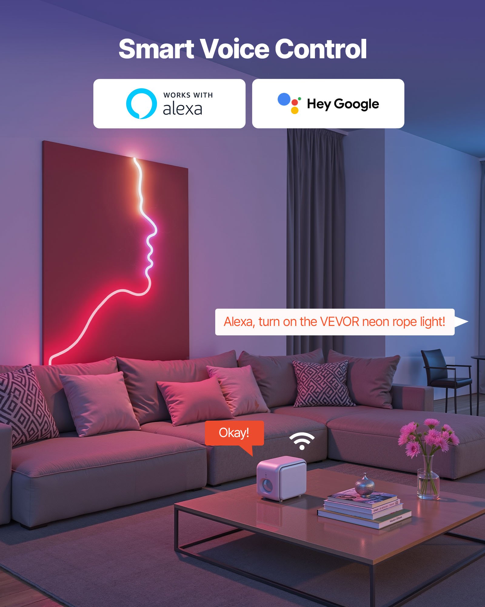 VEVOR LED Neon Rope Light, 16.4 ft, Flexible RGB-IC LED Strip Light, Control with App/Remote, Works with Alexa & Google Assistant, Music Syncing, Custom DIY Neon Flex Lights, for Bedroom Gaming Indoor