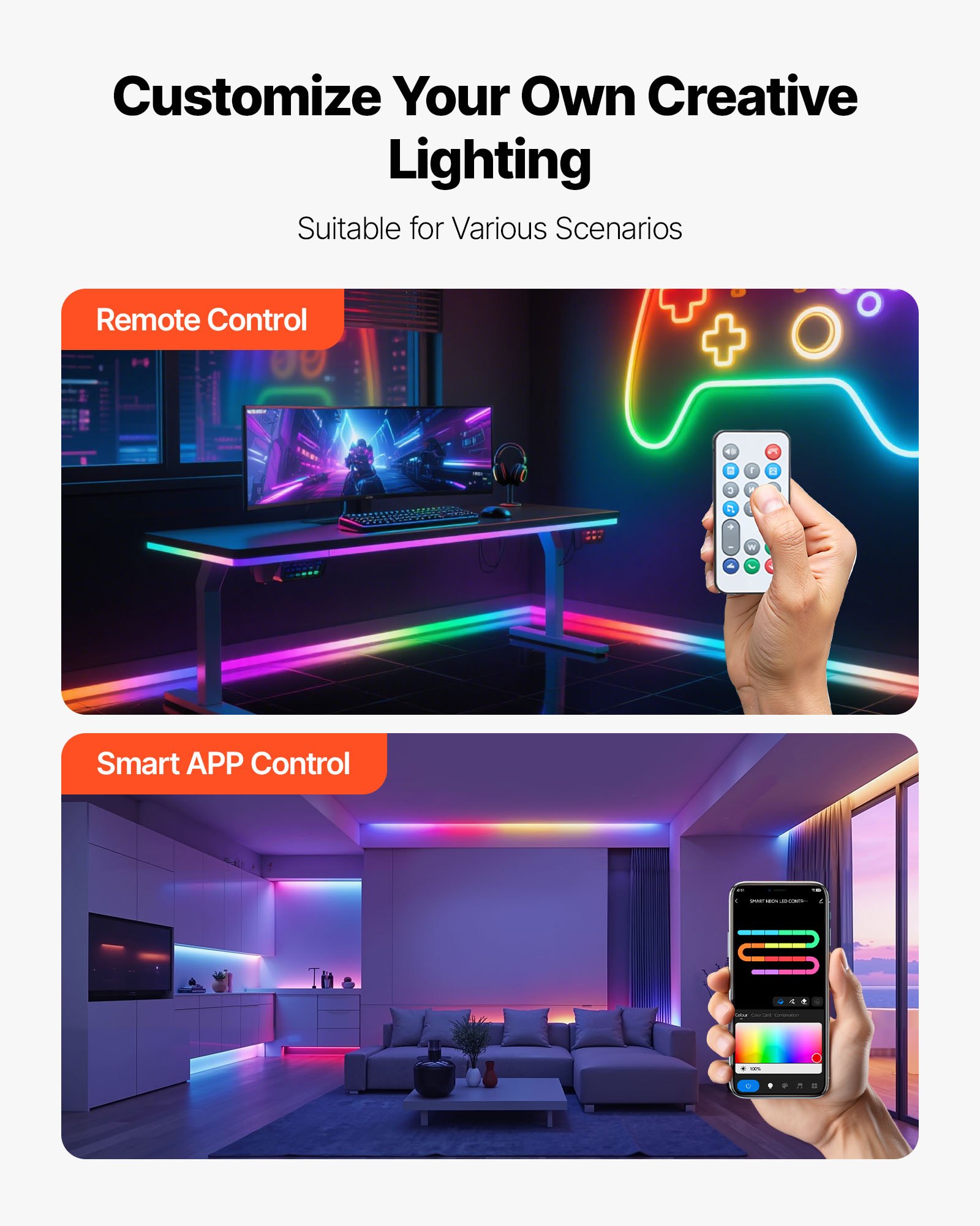 VEVOR LED Neon Rope Light, 16.4 ft, Flexible RGB-IC LED Strip Light, Control with App/Remote, Works with Alexa & Google Assistant, Music Syncing, Custom DIY Neon Flex Lights, for Bedroom Gaming Indoor