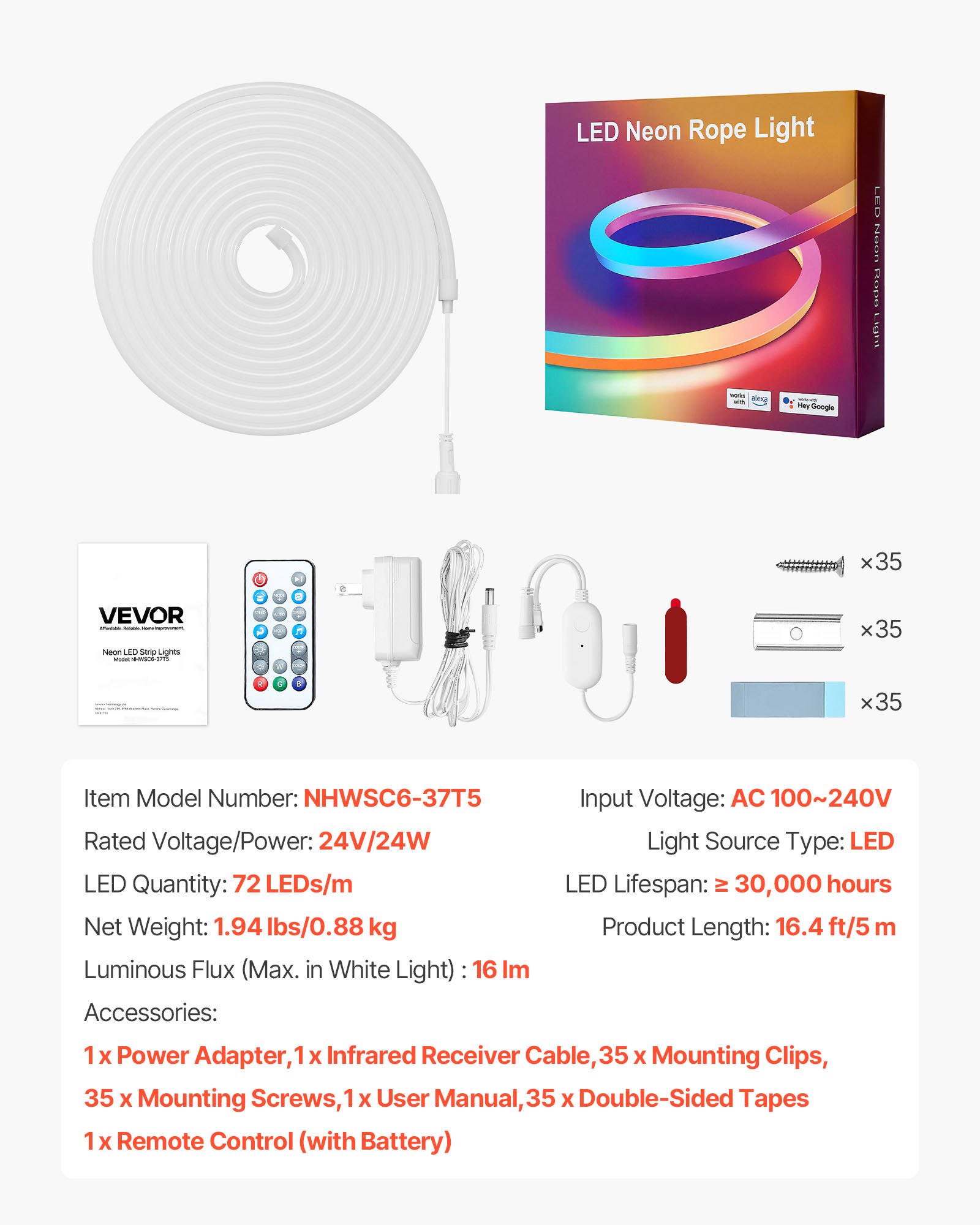 VEVOR LED Neon Rope Light, 16.4 ft, Flexible RGB-IC LED Strip Light, Control with App/Remote, Works with Alexa & Google Assistant, Music Syncing, Custom DIY Neon Flex Lights, for Bedroom Gaming Indoor