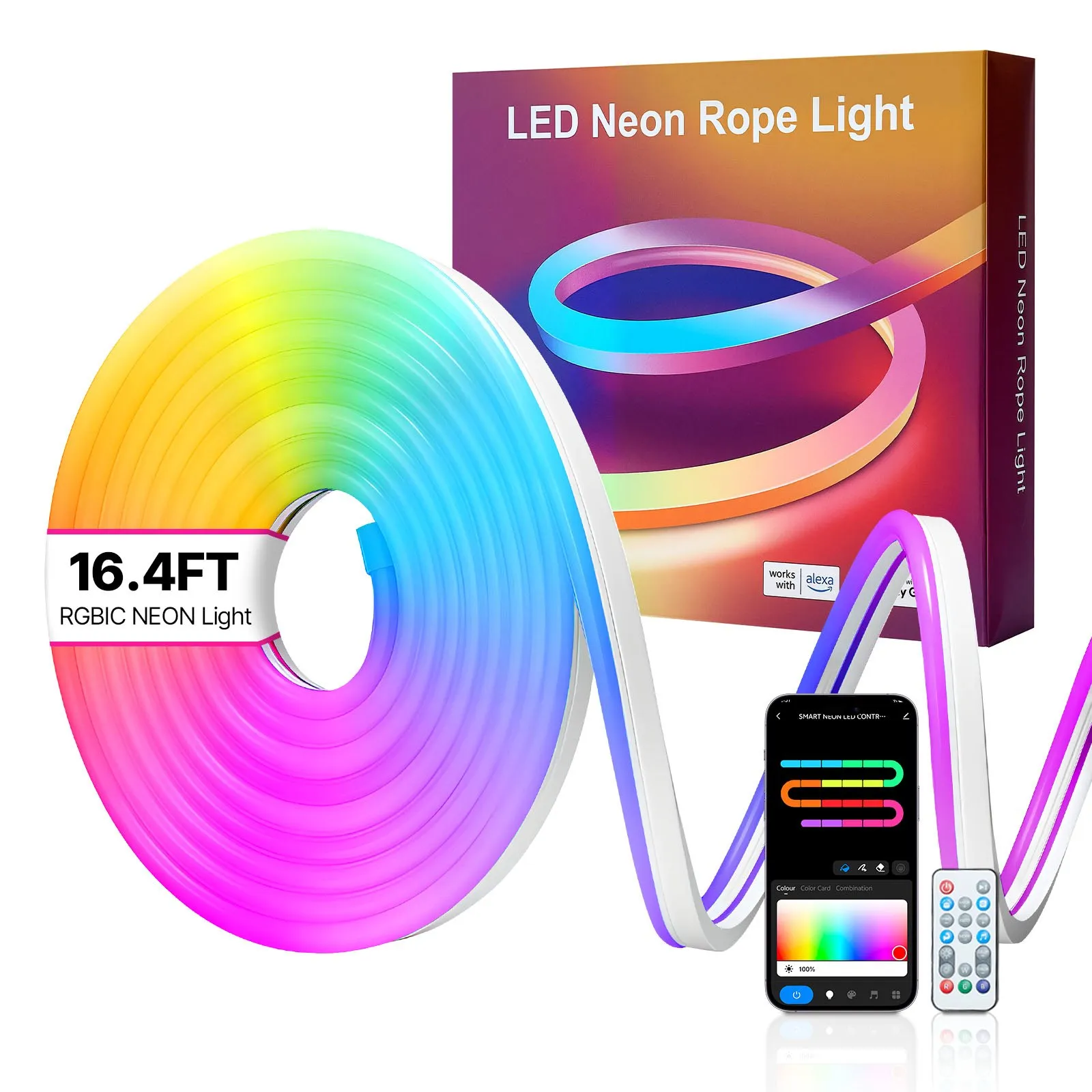 VEVOR LED Neon Rope Light, 16.4 ft, Flexible RGB-IC LED Strip Light, Control with App/Remote, Works with Alexa & Google Assistant, Music Syncing, Custom DIY Neon Flex Lights, for Bedroom Gaming Indoor