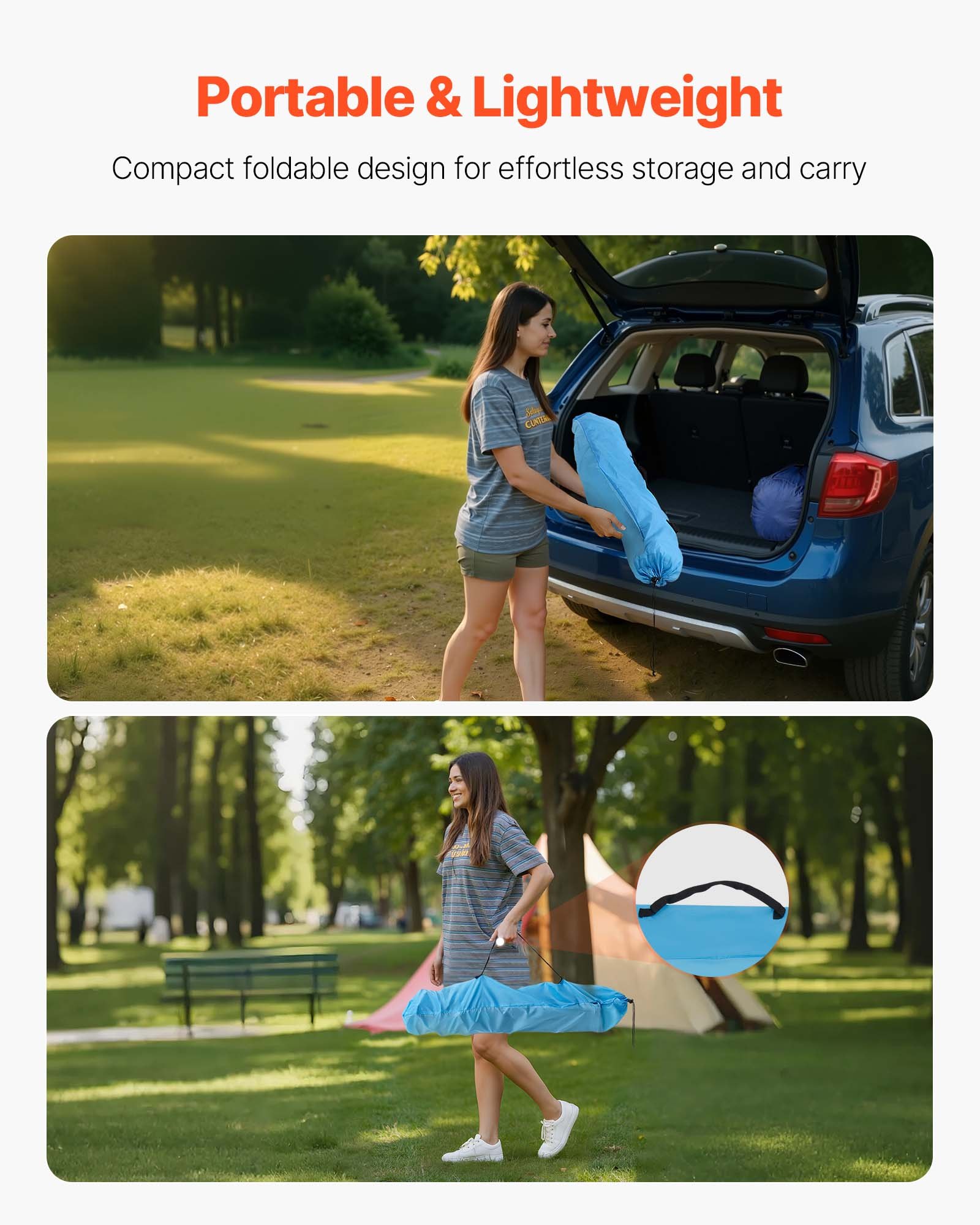 Masă pliabilă de camping VEVOR, masă de picnic ușoară și portabilă pentru exterior, mese de plajă din pânză impermeabilă 600D Oxford, cu 4 suporturi pentru pahare, geantă de transport, pentru picnic în camping, albastru