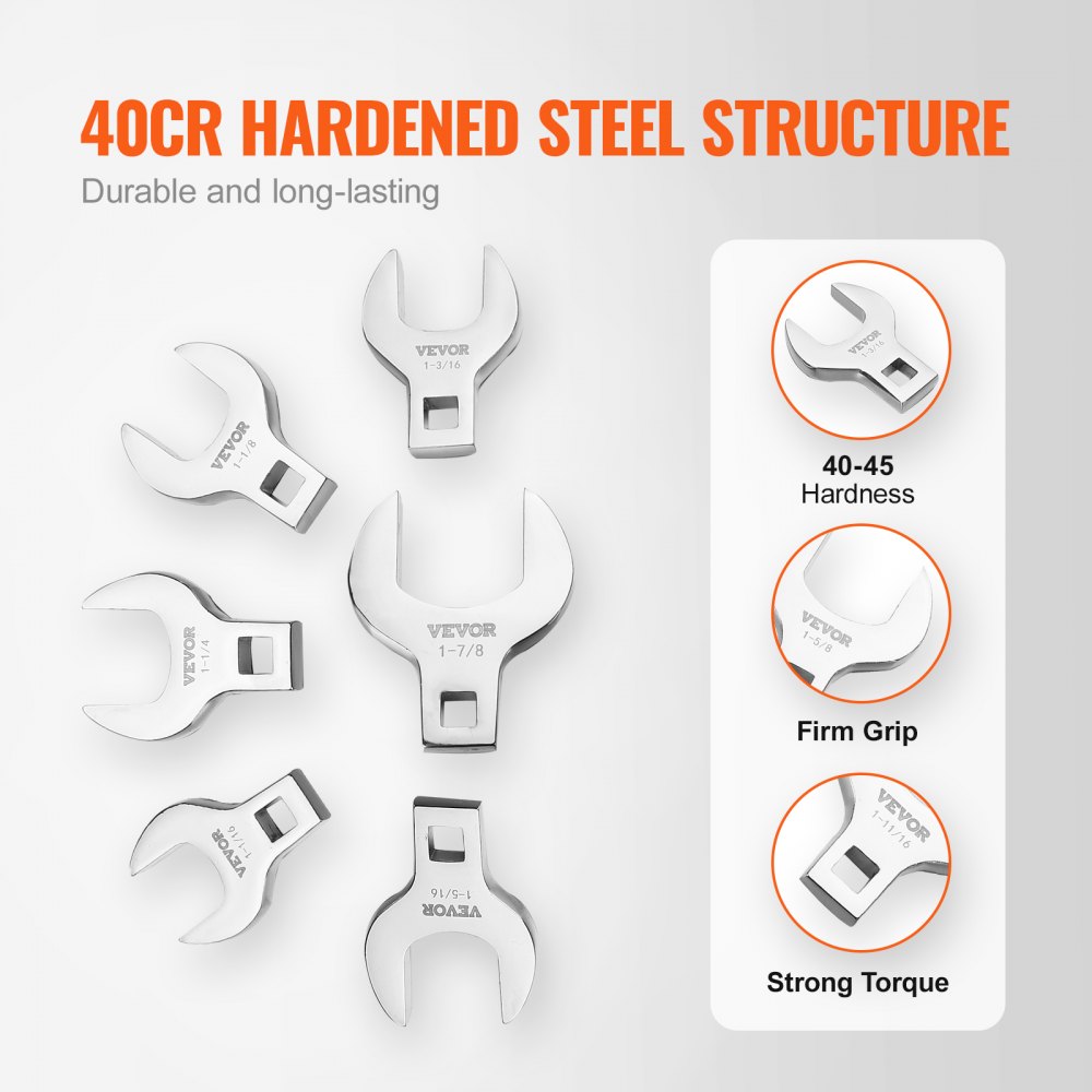 VEVOR crowfoot wrench set showcasing 40cr hardened steel, sizes, and features for durability and strong torque.