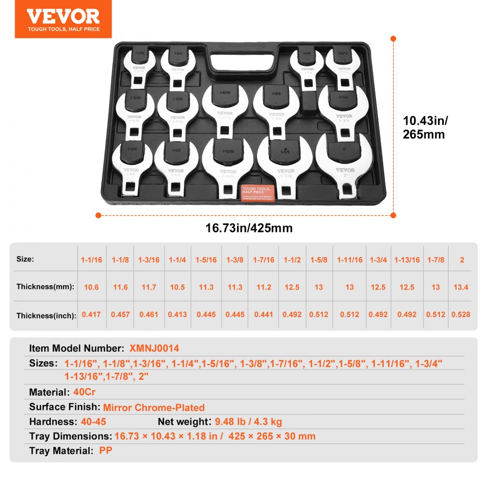 VEVOR crowfoot wrench set in case, 14 sizes, chrome-plated, 16.73x10.43in dimensions, item xmnj0014.