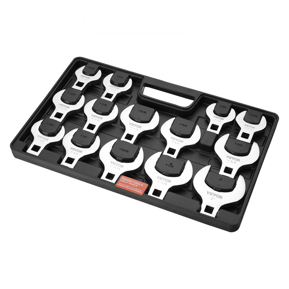 VEVOR crowfoot wrench set in a black storage tray with various wrench sizes displayed.