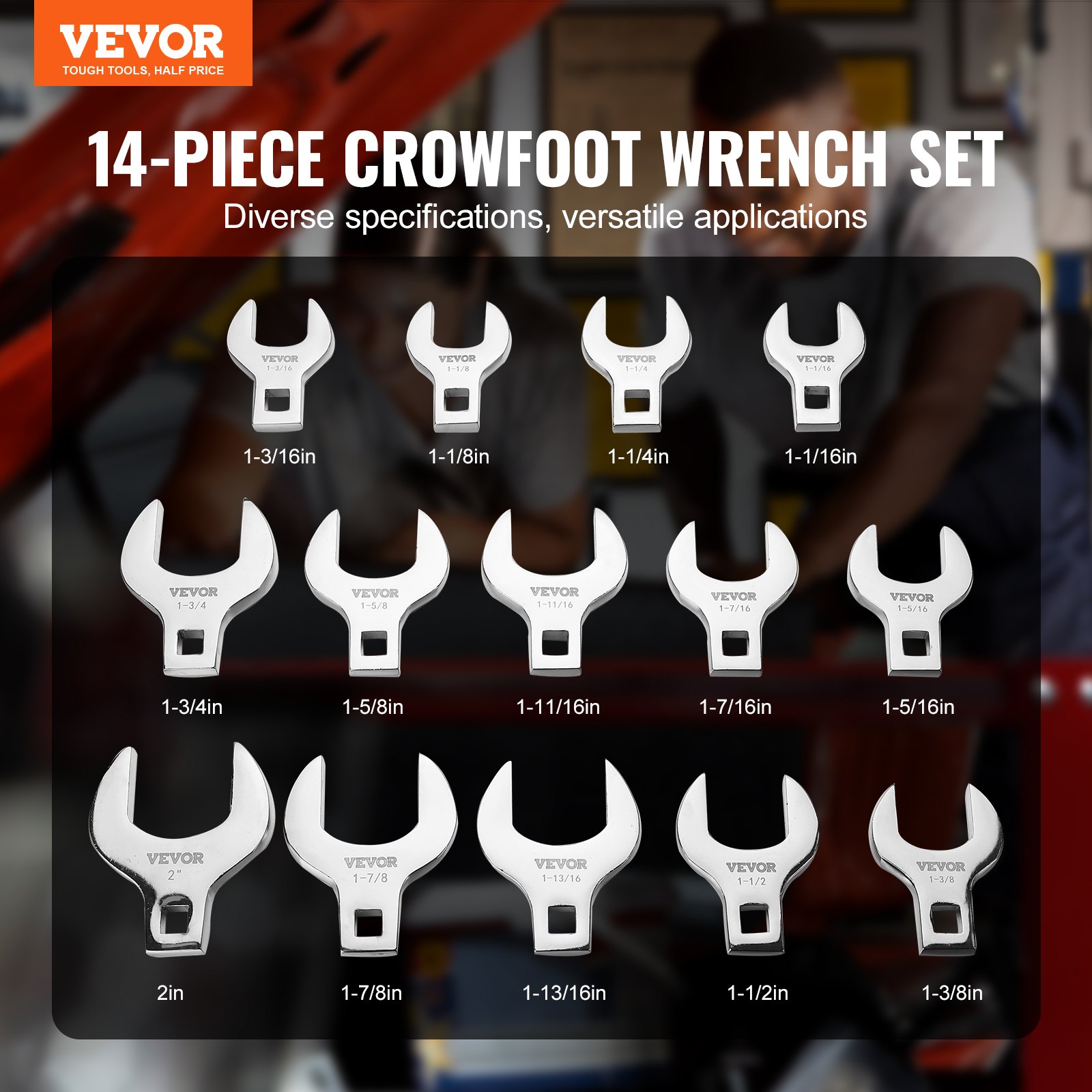 VEVOR 14-piece crowfoot wrench set with various sizes displayed on a dark background.