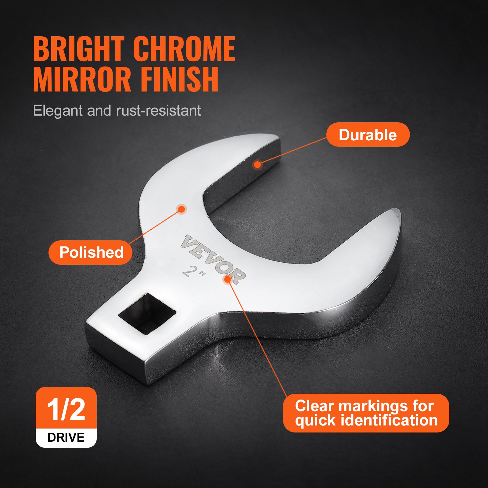 polished VEVOR crowfoot wrench set with bright chrome mirror finish, durable and clear markings for quick identification.