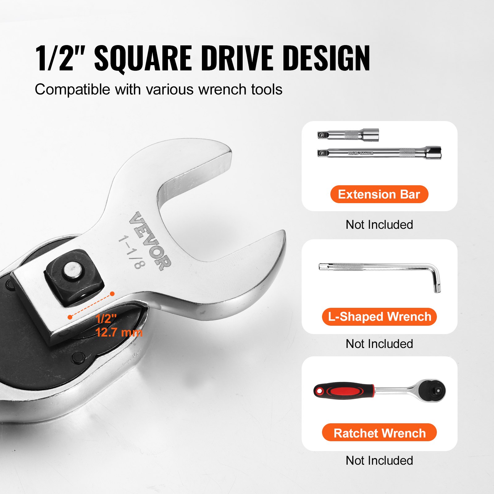 VEVOR crowfoot wrench set with 1/2&quot; square drive design, compatible tools including extension bar.