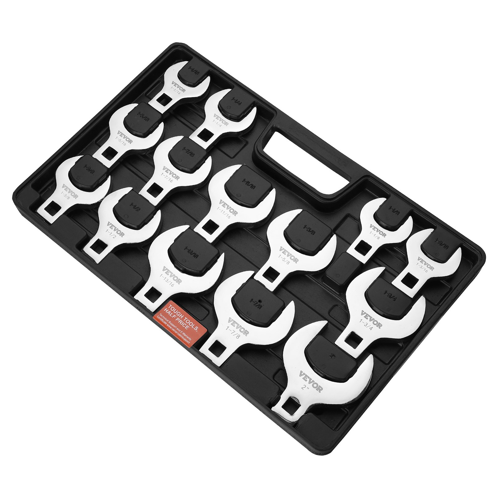 VEVOR crowfoot wrench set in black carrying case with various sizes, organized neatly for easy access.