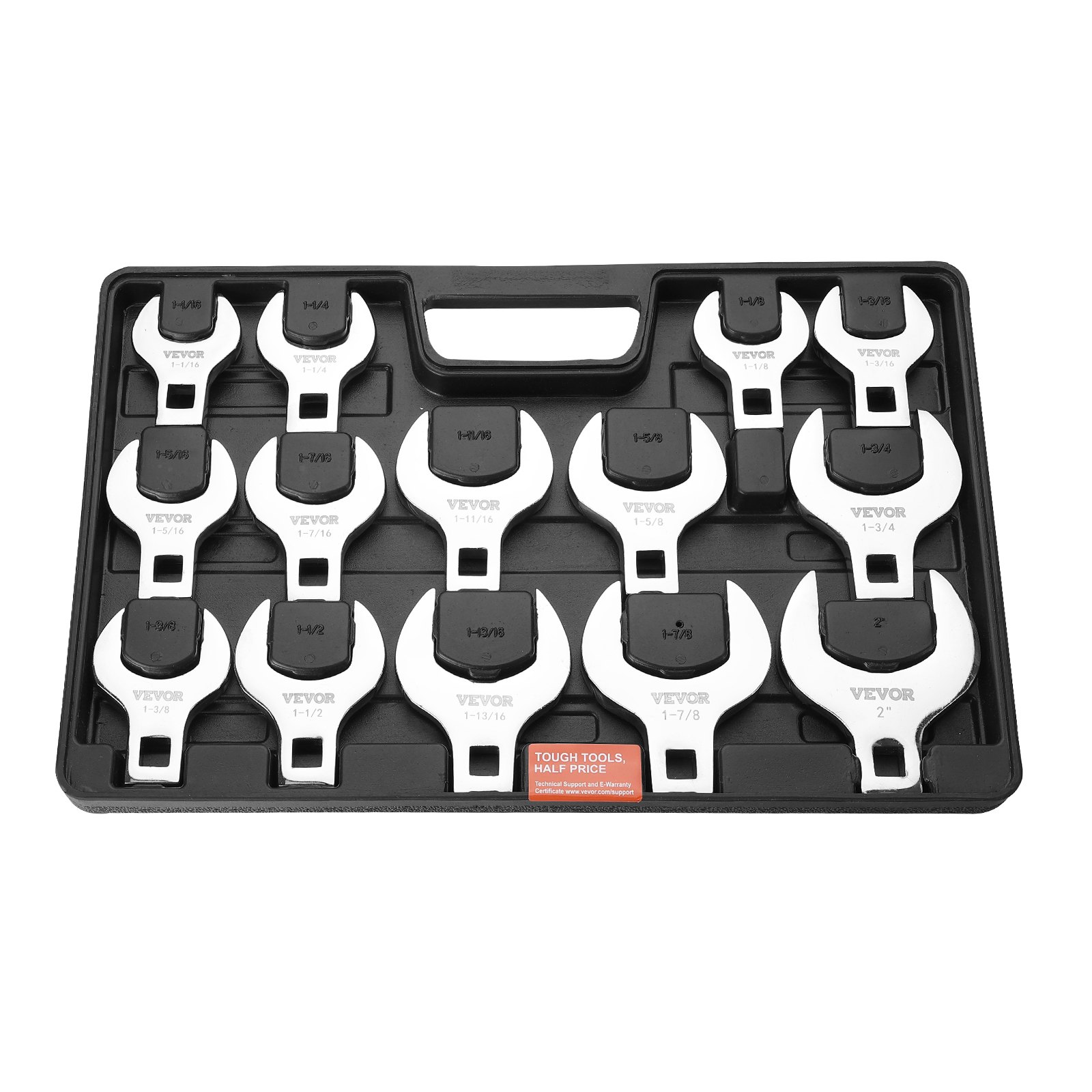 VEVOR crowfoot wrench set in foam tray with various sizes and ergonomic handle.