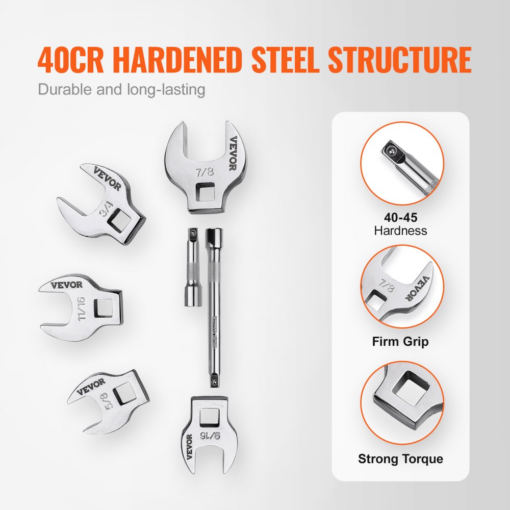 VEVOR Crowfoot Wrench Set, 3/8" Drive 20-Piece Crows Foot Wrench Set with 2 Extension Bars and EVA Tool Organizer, SAE 3/8"-7/8" and Metric 10-22 mm, 40CR Material and Mirror Chrome Finish