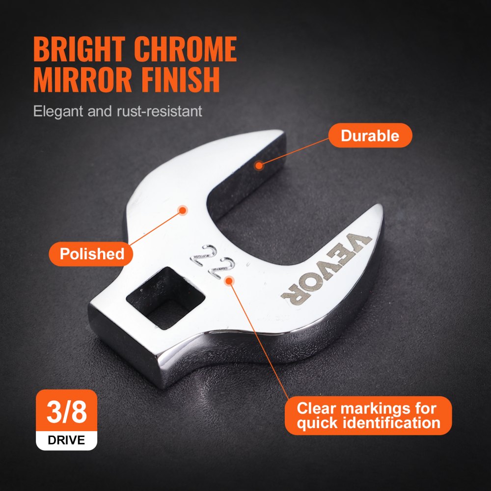VEVOR Crowfoot Wrench Set, 3/8" Drive 20-Piece Crows Foot Wrench Set with 2 Extension Bars and EVA Tool Organizer, SAE 3/8"-7/8" and Metric 10-22 mm, 40CR Material and Mirror Chrome Finish