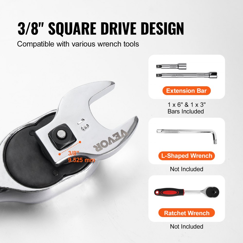 VEVOR Crowfoot Wrench Set, 3/8" Drive 20-Piece Crows Foot Wrench Set with 2 Extension Bars and EVA Tool Organizer, SAE 3/8"-7/8" and Metric 10-22 mm, 40CR Material and Mirror Chrome Finish