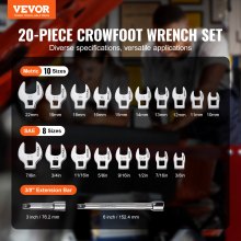 Sada Crowfoot Wrench Wrench Set, 3/8" Drive 20dílná sada Crows Foot Wrench set se 2 prodlužovacími lištami a EVA organizérem nářadí, SAE 3/8"-7/8" a metrický 10-22 mm, 40CR materiál a zrcadlová chromovaná povrchová úprava
