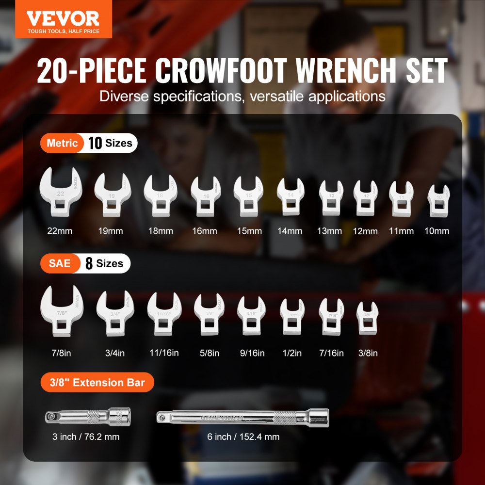 VEVOR crowfoot wrench set, 20-piece, including metric and sae sizes with 3/8&quot; extension bars.