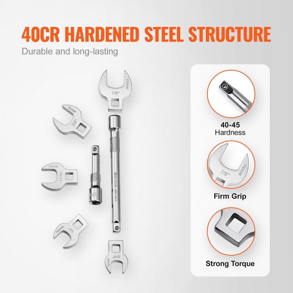 VEVOR crowfoot wrench set, 40cr hardened steel, durable, firm grip, strong torque, 40-45 hardness.