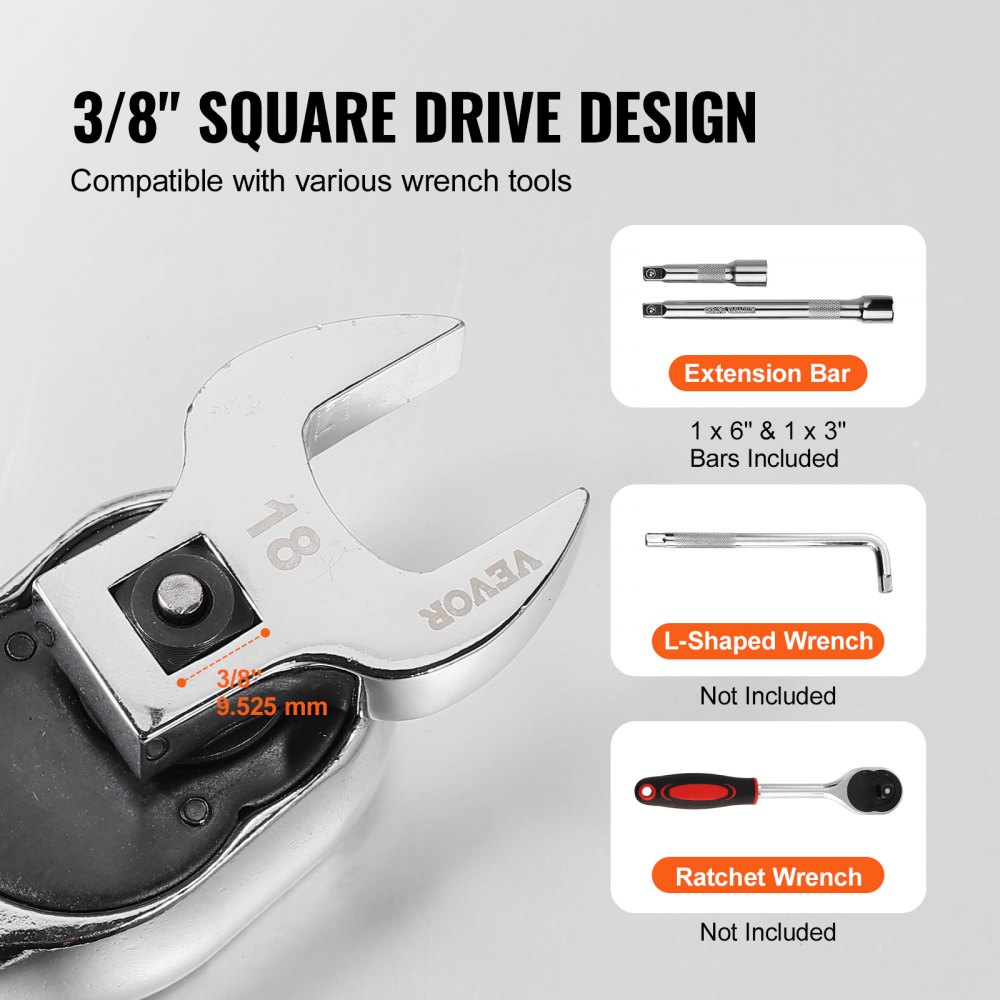 VEVOR crowfoot wrench set with 3/8&quot; square drive design, includes 6&quot; and 3&quot; extension bars.