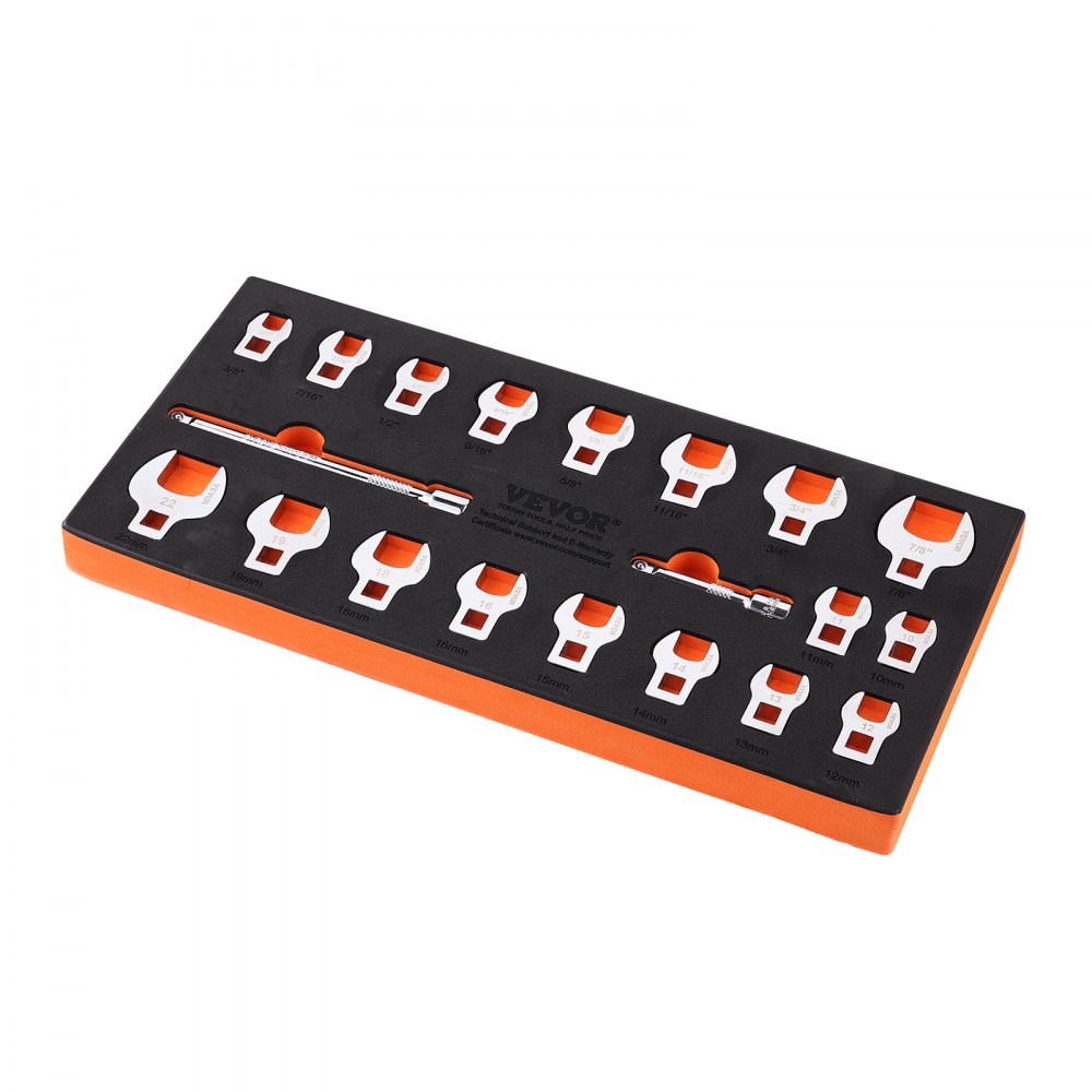 VEVOR crowfoot wrench set in orange and black case with various wrench sizes neatly arranged.