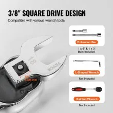 VEVOR Crowfoot Wrench Set, 3/8" Drive 20-Piece Crows Foot Wrench Set with 2 Extension Bars and EVA Tool Organizer, SAE 3/8"-7/8" and Metric 10-22 mm, 40CR Material with Mirror Chrome Finish