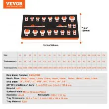 VEVOR Crowfoot Wrench Set, 3/8" Drive 20-Piece Crows Foot Wrench Set with 2 Extension Bars and EVA Tool Organizer, SAE 3/8"-7/8" and Metric 10-22 mm, 40CR Material with Mirror Chrome Finish