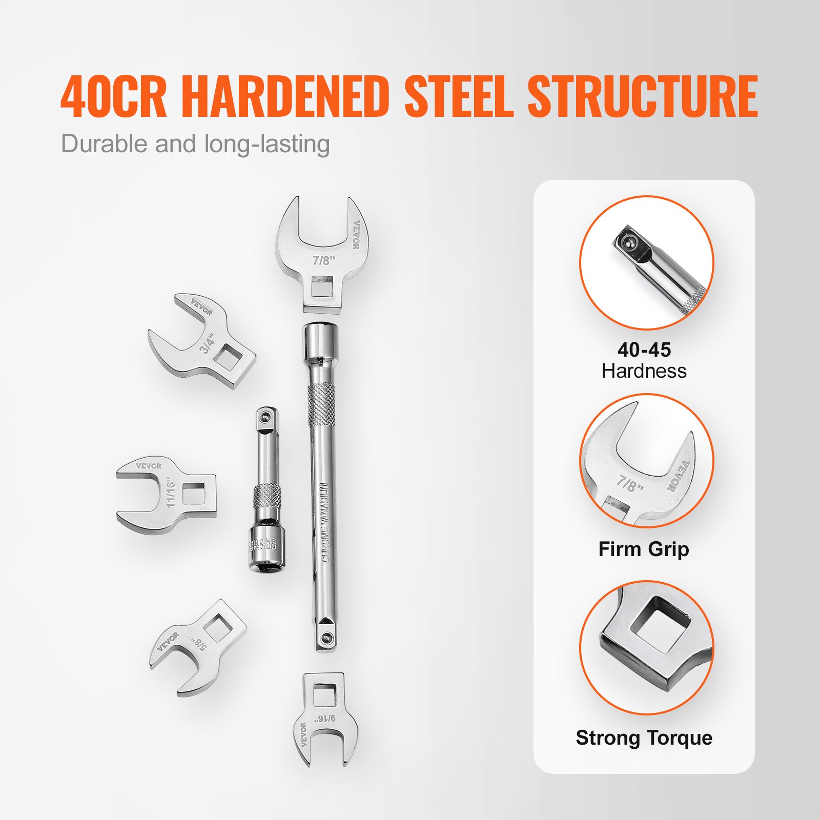 VEVOR crowfoot wrench set, 40cr hardened steel, durable, firm grip, strong torque, 40-45 hardness.