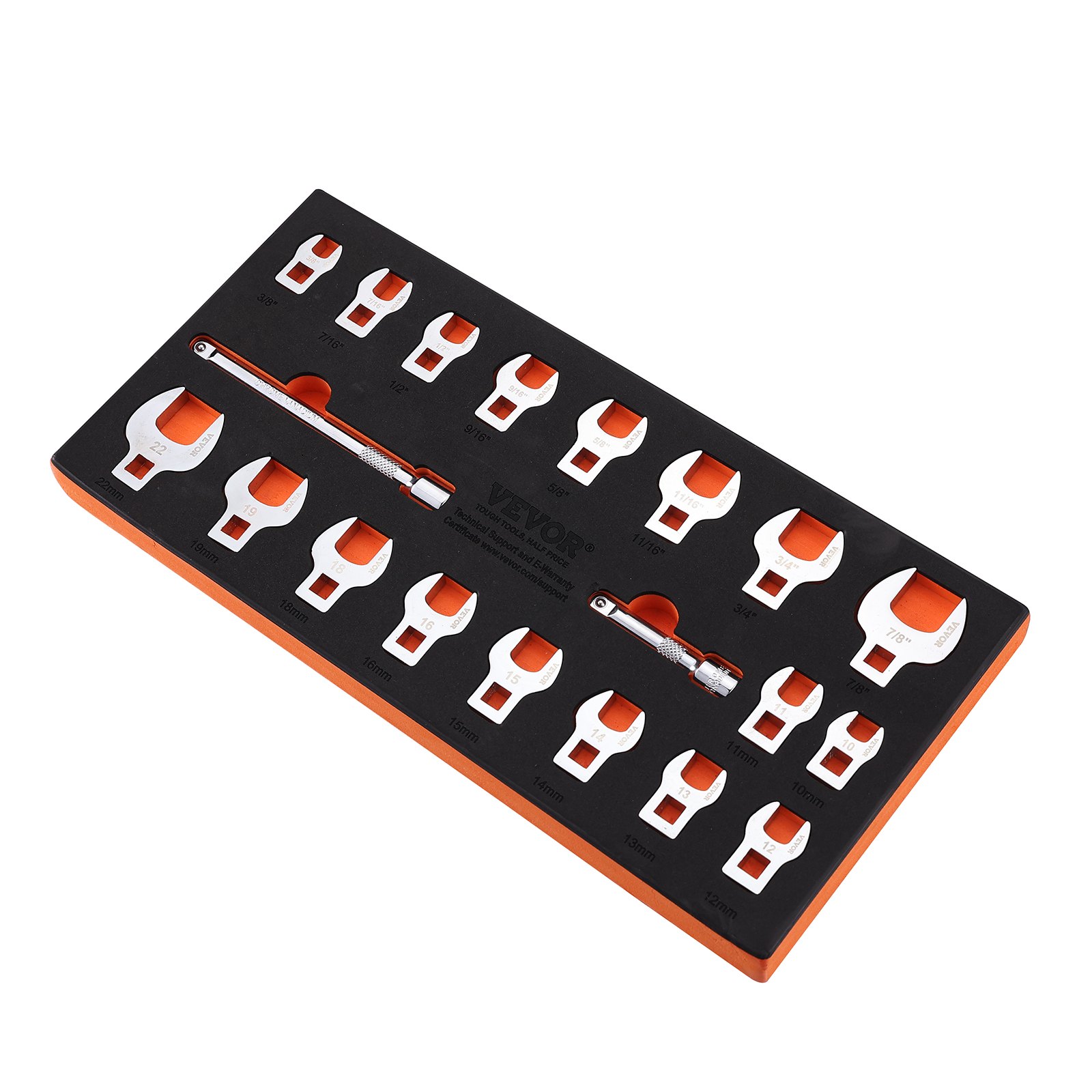 VEVOR crowfoot wrench set with case holding multiple sae and metric sizes, including extension bars.