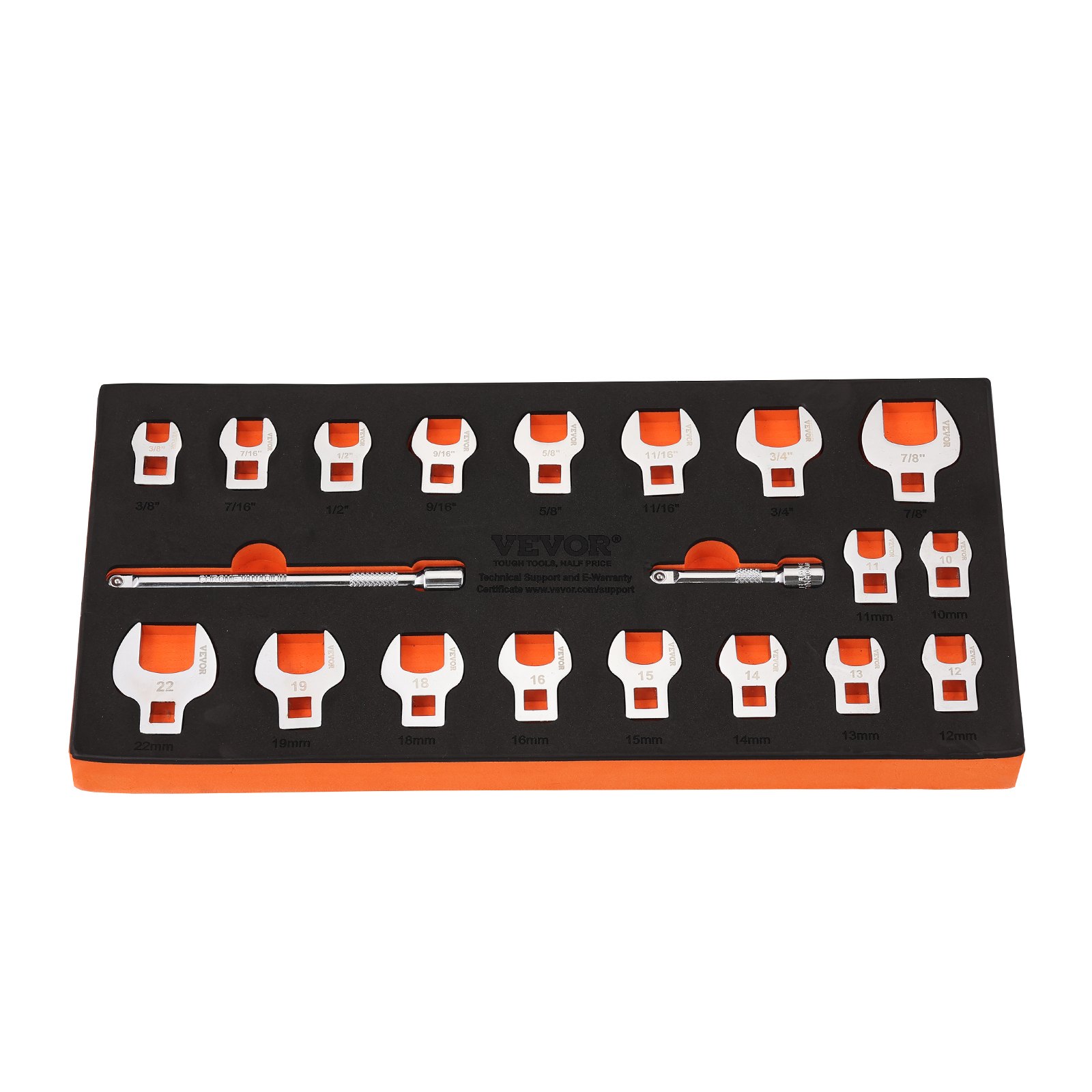 VEVOR crowfoot wrench set, organized in foam tray, featuring various wrench sizes and handle tool.