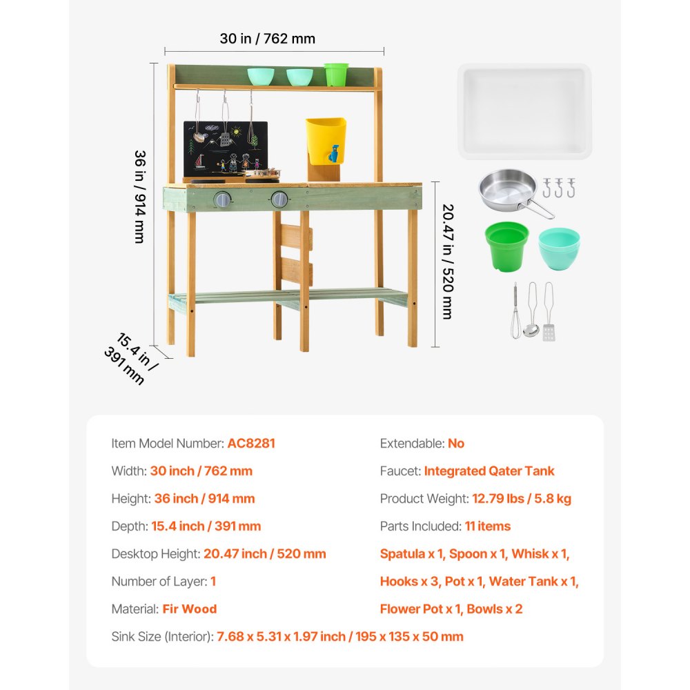 VEVOR Mud Kitchen for Kids, Wooden Toy Play Kitchen Set, Outdoor Toddler Grocery Store Playset, Pretend Play Kitchen with Planter Box, Stoves, Tank, Faucet, Blackboard, Cookware Pots and Accessories