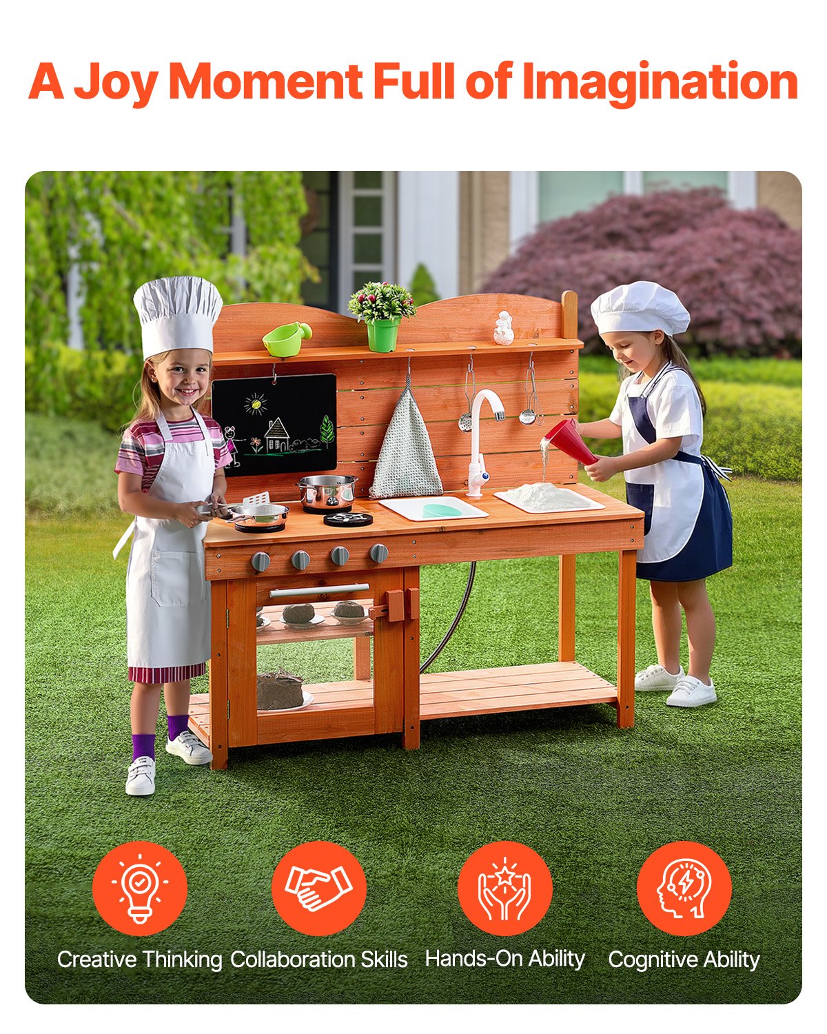 VEVOR Mud Kitchen for Kids, Wooden Toy Play Kitchen Set, Outdoor Toddler Grocery Store Playset for Boys & Girls, Pretend Play Kitchen with Stoves, Sink, Faucet, Blackboard, Cookware Pots, Accessories