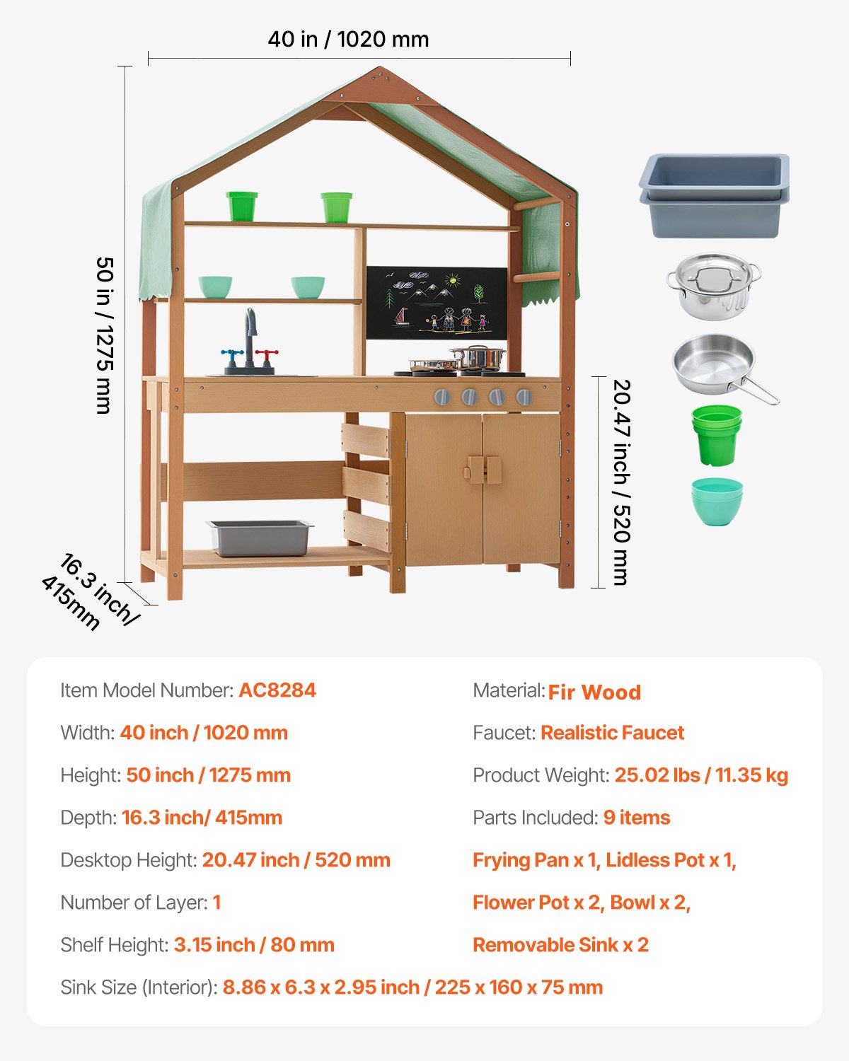 VEVOR Mud Kitchen for Kids, Wooden Toy Play Kitchen Set with Accessories, Outdoor Toddler Grocery Store Playset, Pretend Play Kitchen with Stoves, Planter Boxes, Sink, Faucet, Blackboard, Cookware Pot