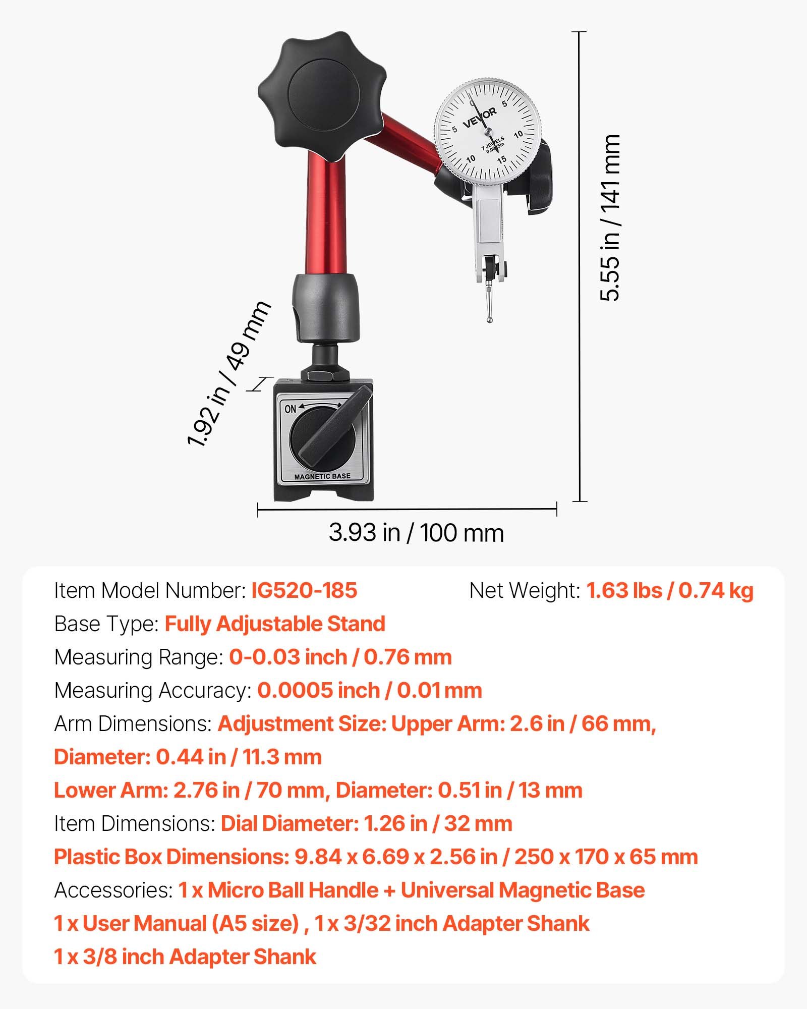 VEVOR Dial Test Indicator with Universal Magnetic Base and Storage Case, 0.01 mm Accuracy, 0-0.76 mm Range, Micro Ball Handle for Narrow Area Measurement, Industrial Machining & Inspection