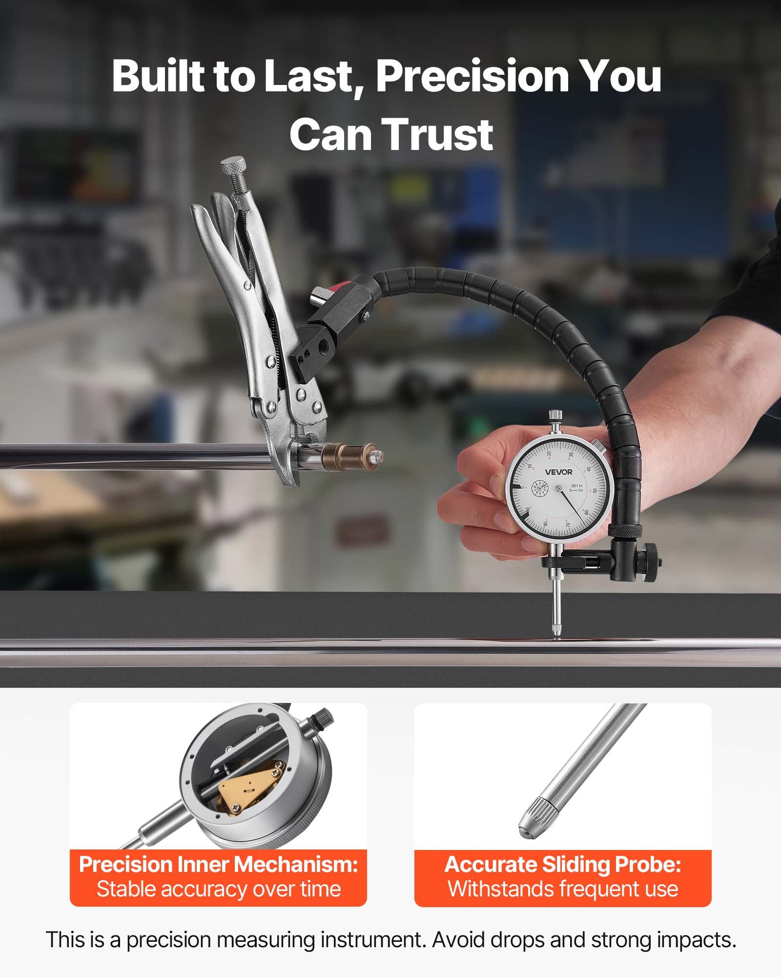 VEVOR Dial Test Indicator with 360° Flexible Arm and 360° Locking Pliers, 0.03 mm Accuracy, 0-25.4mm Range, Professional for Machine Set-Up, Narrow Area Measurement, Storage Case