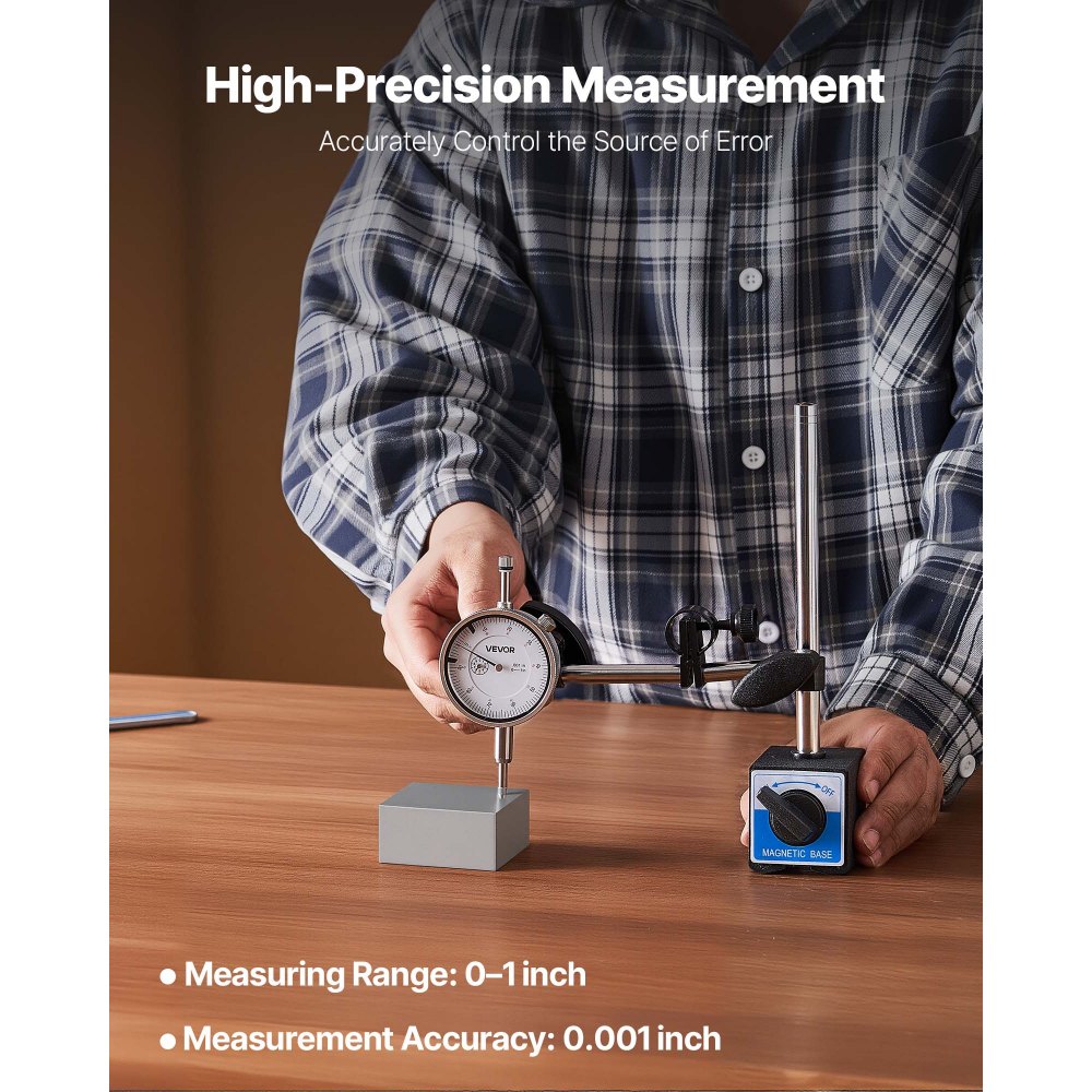 VEVOR Dial Test Indicator, 0.03 mm Accuracy, 0-25.4mm Measuring Range, Easy to Read Large Dial, Professional for Internal Diameter Measurement, Runout Detection, Flatness Inspection