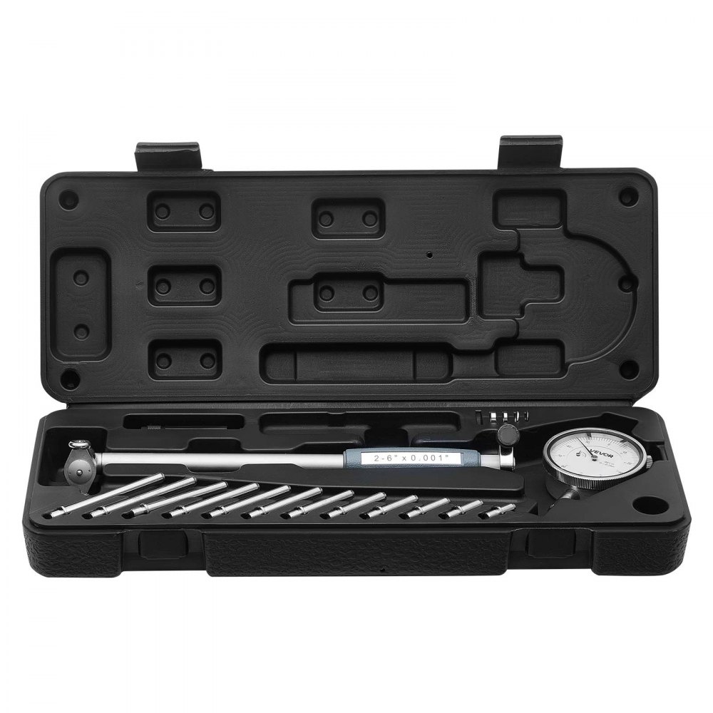 VEVOR Dial Test Indicator and Bore Gauge Measuring Tool Set, Dial Indicator 0.03 mm Accuracy, 50.8-152.4 mm Bore Range with Rod, Storage Case, Anvils for Industrial Machining Measurements