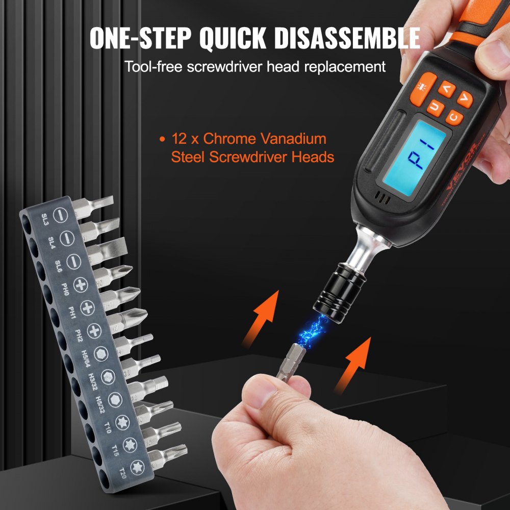VEVOR Digital Torque Screwdriver, 1/4" Drive Screwdriver Torque Wrench, Electrician Torque Screwdriver with LCD, 2.65-70.67 in-lbs Torque Range, 0.01 N.m Increment Torque Screwdriver with Bits & Case