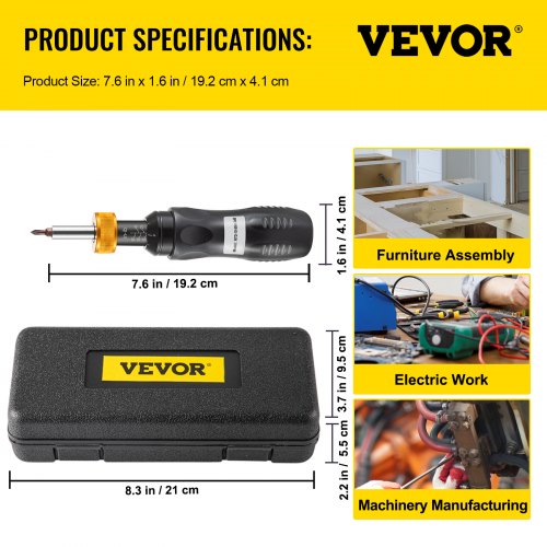 VEVOR Torque Screwdriver, 1/4" Drive Screwdriver Torque Wrench, Torque Screwdriver Electrician 10-50 in/lbs, Torque Range Accurate to ±5%, 5 in-lb Increment Torque Screwdriver with Bits & Case