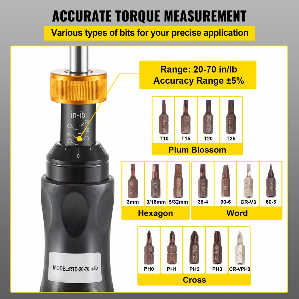 VEVOR Torque Screwdriver, 1/4\" Drive Screwdriver Torque Wrench, Torque Screwdriver Electrician 20-70 in/lbs Torque Range Accurate to ±5%, Adjustable inch Pound Torque Screwdriver with Bits & Case