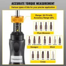 VEVOR Torque Screwdriver, 1/4" Drive Screwdriver Torque Wrench, Torque Screwdriver Electrician 20-70 in/lbs Torque Range Accurate to ±5%, Adjustable inch Pound Torque Screwdriver with Bits & Case