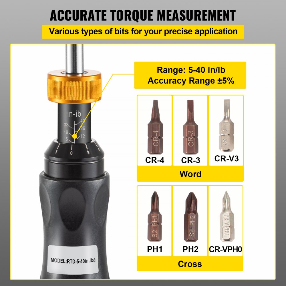 VEVOR Torque Screwdriver, 1/4" Drive Screwdriver Torque Wrench, Torque Screwdriver Electrician 5-40 in/lbs Torque Range Accurate to ±5%, Adjustable inch Pound Torque Screwdriver with Bits & Case