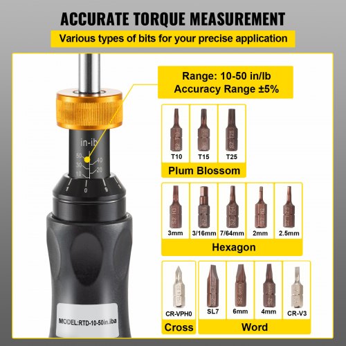 VEVOR Torque Screwdriver, 1/4" Drive Screwdriver Torque Wrench, Torque Screwdriver Electrician 10-50 in/lbs Torque Range Accurate to ±5%, 1/4 to 1/2 Conversion Head with Bits & Case