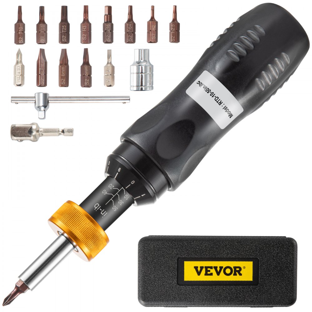 VEVOR Torque Screwdriver, 1/4" Drive Screwdriver Torque Wrench, Torque Screwdriver Electrician 10-50 in/lbs Torque Range Accurate to ±5%, 1/4 to 1/2 Conversion Head with Bits & Case