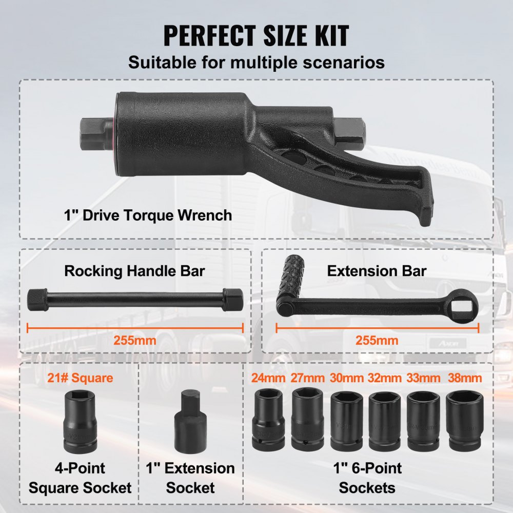 VEVOR torque multiplier kit with drive torque wrench, handle bar, extension bar, and various sockets.