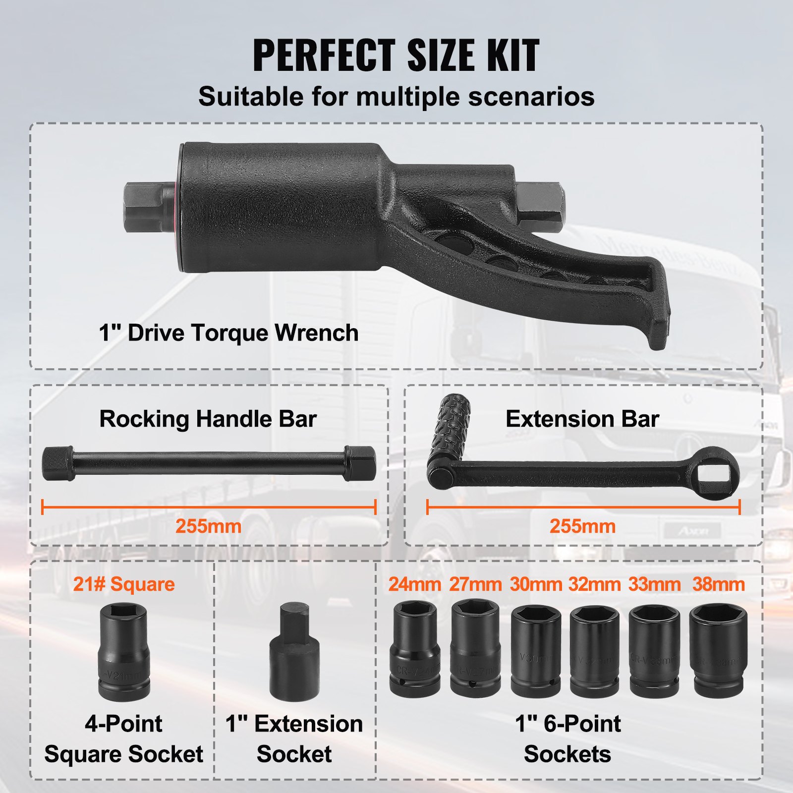 VEVOR torque multiplier kit with drive torque wrench, handle bar, extension bar, and various sockets.