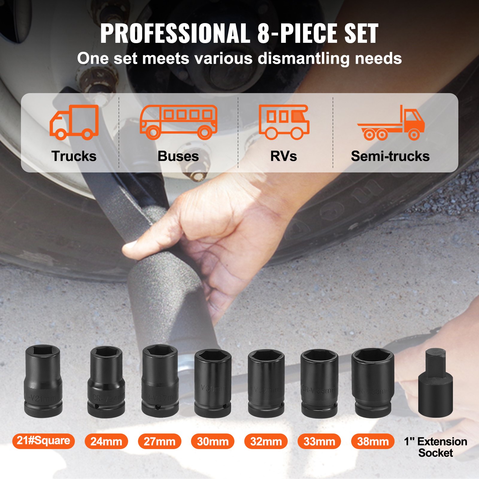 professional 8-piece VEVOR torque multiplier set for trucks, buses, rvs, and semi-trucks with socket sizes.